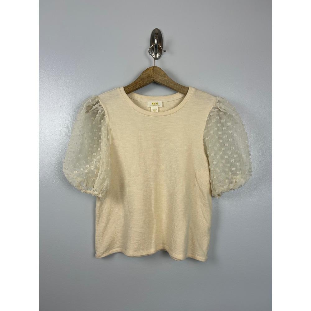 Maeve by Anthropologie‎ Ivory Blouse Medium Sheer Puff Sleeve Mesh Swiss Dot Top